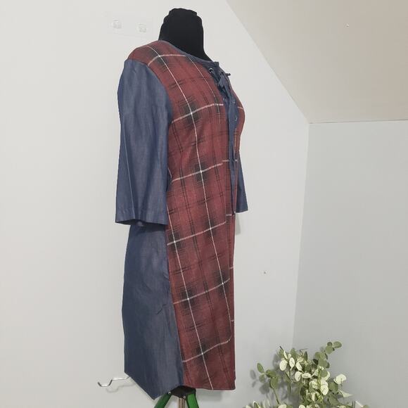 Plaid and Chambray Half Sleeve Grommet Placket Shirt Tail Hem Boho Tunic Dress - Picture 6 of 12